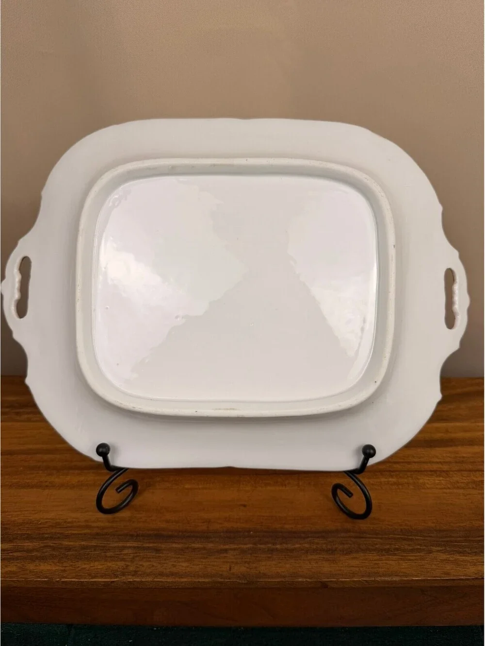 Vintage White Porcelain Serving Tray with Gold Trim and Ornate Handles